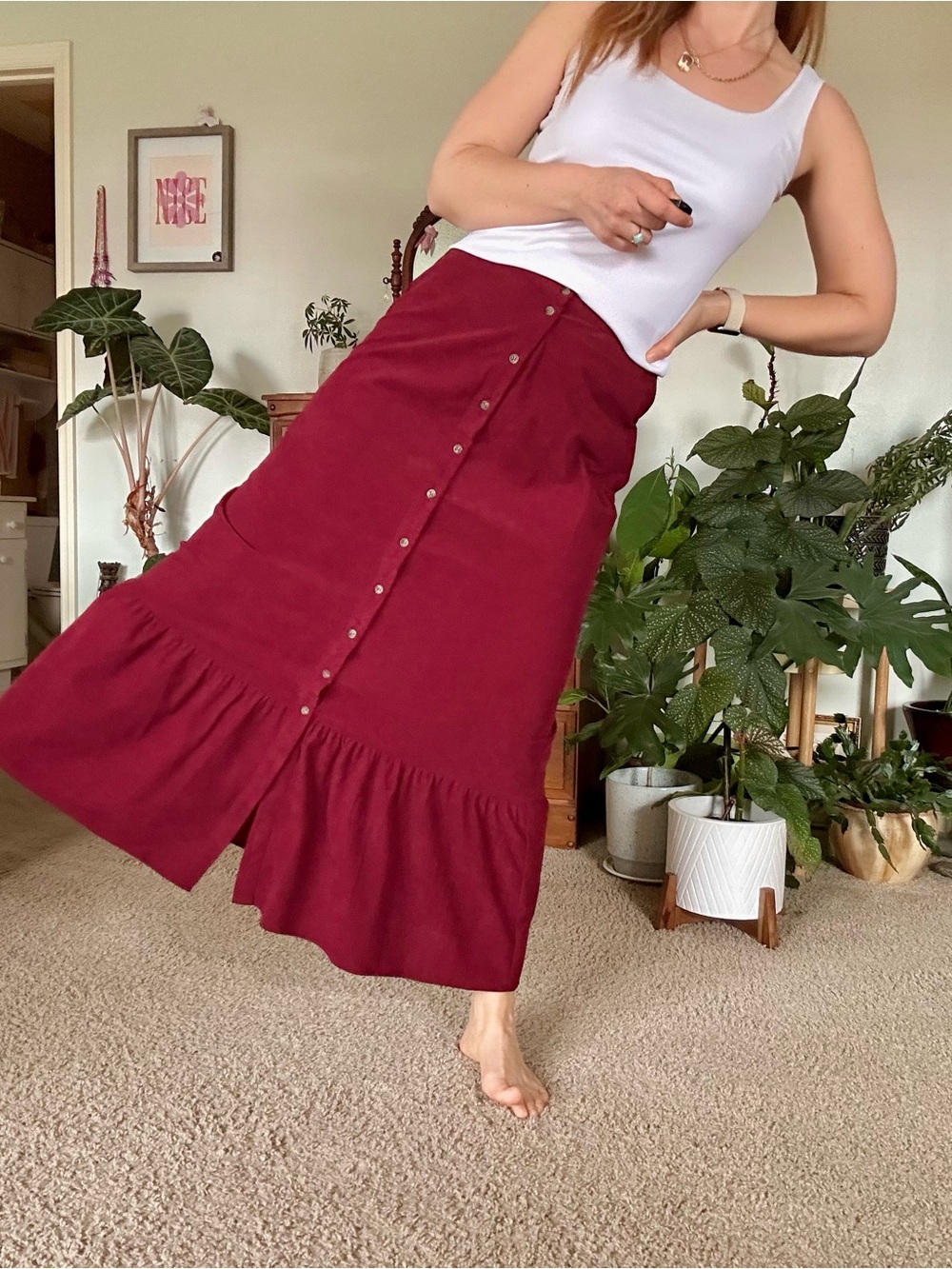 DR2 Button-Front Ruffle Maxi Skirt